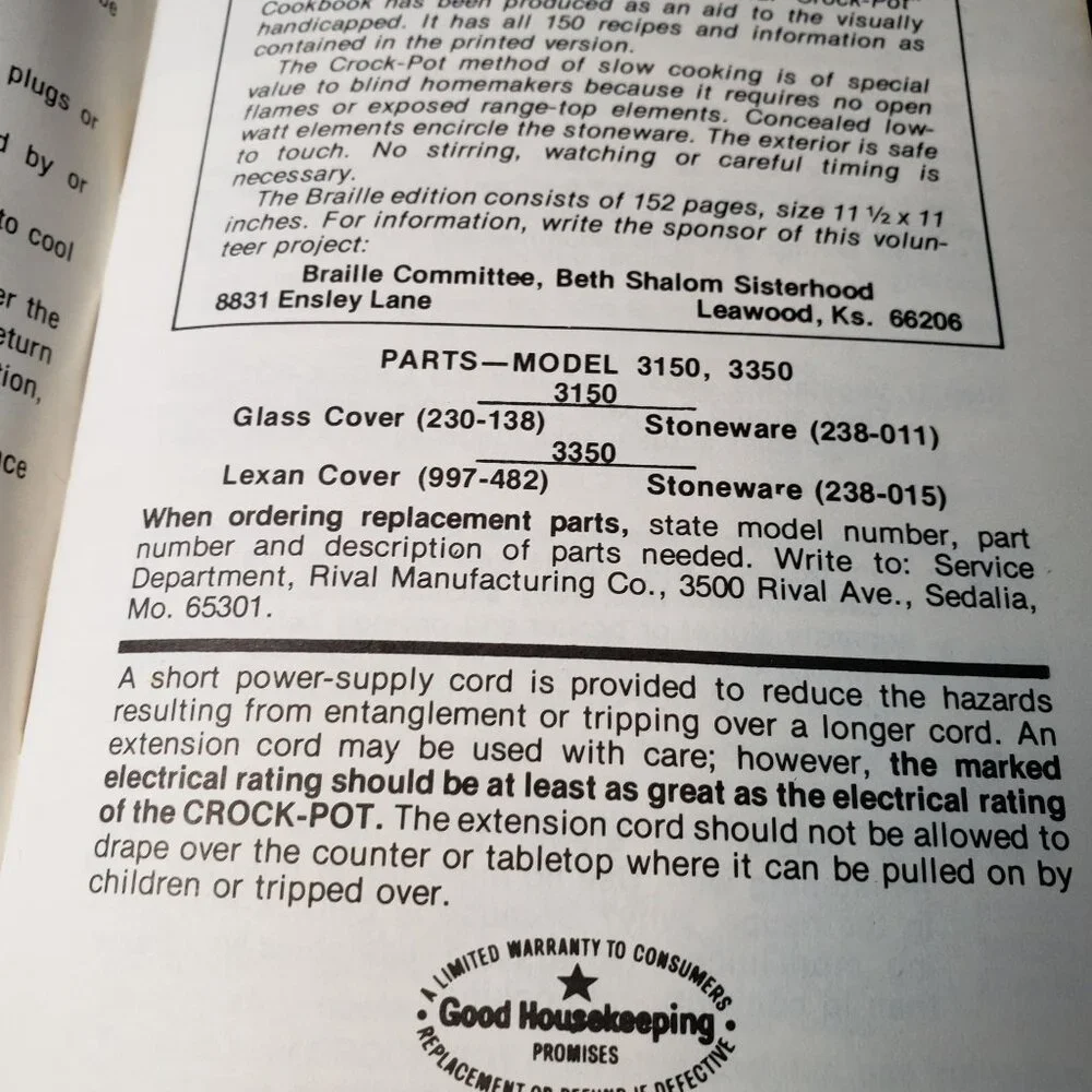Vintage Rival Crock Pot Original Cookbook Recipes Models 3150-3350 Booklet